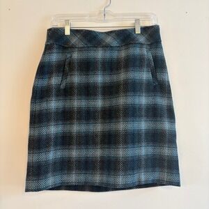 NWT Talbots Teal Black Plaid Wool Blend Knee Length Skirt‎ Tweed Textured Size 2